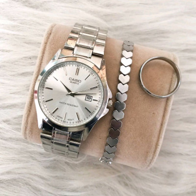 ست ساعت مردانه مارک کاسیو بنداستیل نقره ای صفحه نقره ای