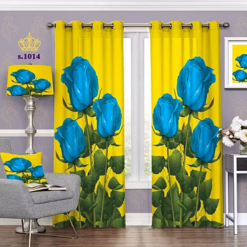 پرده تصویری جدید دو قواره پانچ آماده طرح گل آبی کد 1014