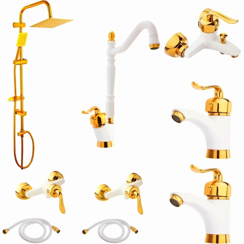 ست 9 تایی شیرآلات قاجاری سفید طلایی با علم دوش دوکاره و شیلنگ توالت (ارسال رایگان)