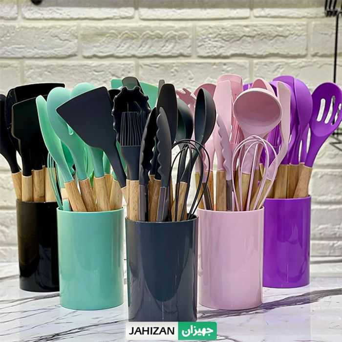 کفگیر ملاقه سیلیکونی دسته چوبی سطلی 12 پارچه