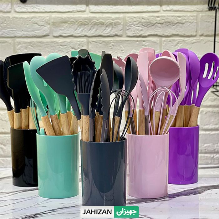 کفگیر ملاقه سیلیکونی دسته چوبی سطلی 12 پارچه