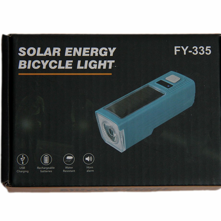 چراغ شارژی خورشیدی دوچرخه بوق دار مدل fy335 solar energy رنگ آبی کم رنگ