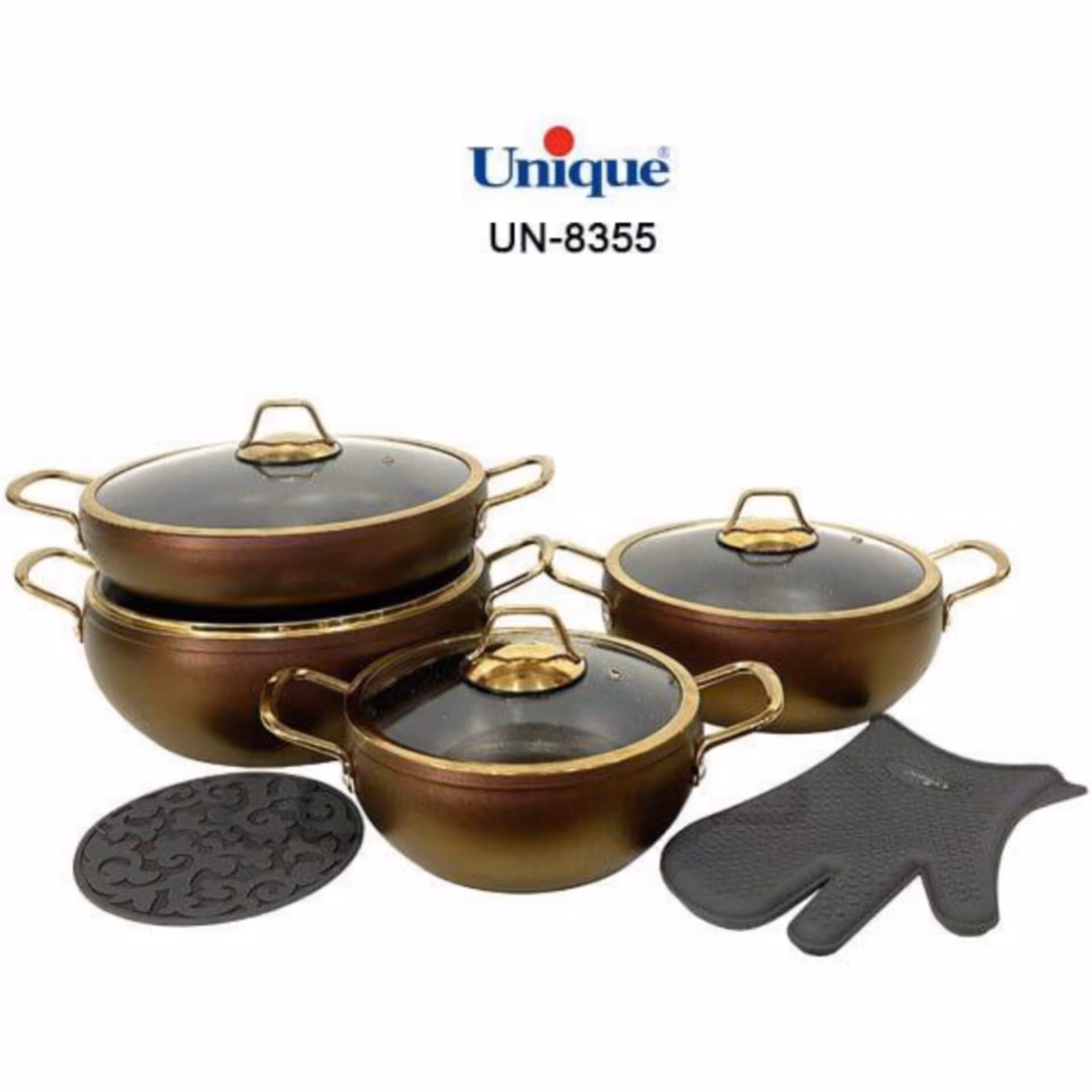 سرویس قابلمه 8 پارچه هفت رنگ خمره ای
با دستکش و زیر قابلمه ای یونیک 
کد  8355