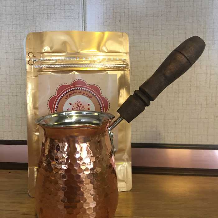 قهوه جوش مسی چکشی دسته چوبی سایز 2 آدن کافی (مناسب 4 فنجان قهوه ترک)