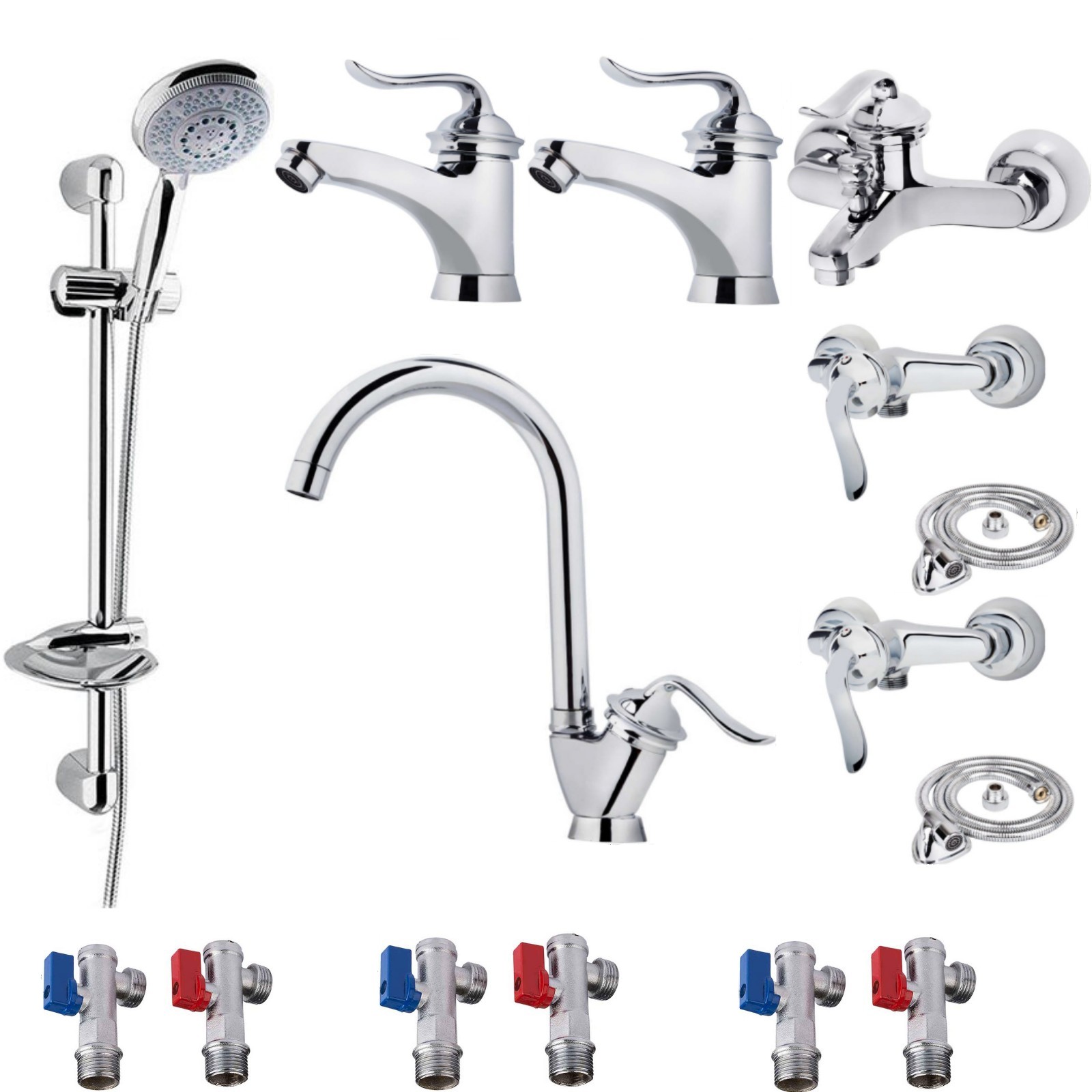 ست شیرالات رز مدل قاجاری مجموعه 15 عددی به همراه علم دوش و شلنگ توالت و شیرهای پیسوار