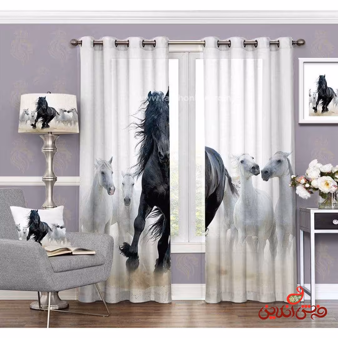 پرده طرح اسب های مشکی وسفید کد 3588