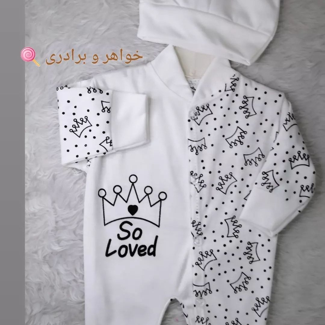 نوزادی. مدل سرهمی. سایز 0 تا 3 همراه باکلاه. جنس نخی نرم مناسب پوست کودکان 