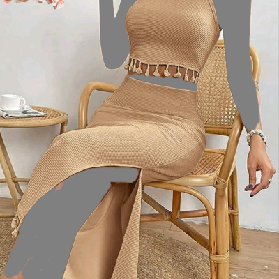 تاپ و دامن زنانه نخ پنبه مراکشی بیسکویبتی مدل کراپ دامن مجلسی فانتزی منگوله دار