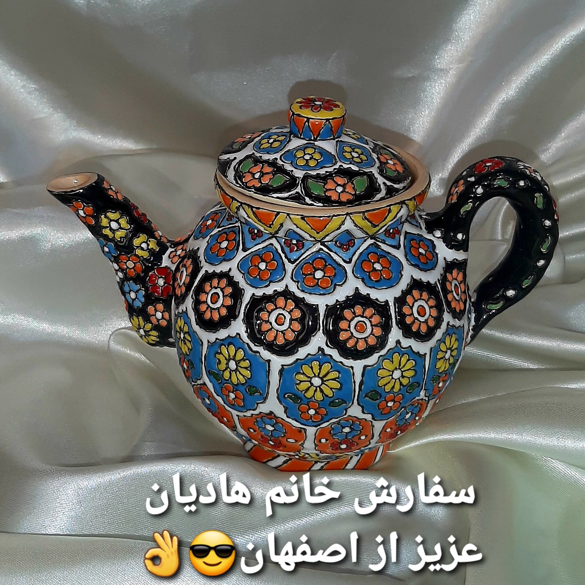 قوری سفالی میناکاری شده  کوچک  به رنگ لاجورد