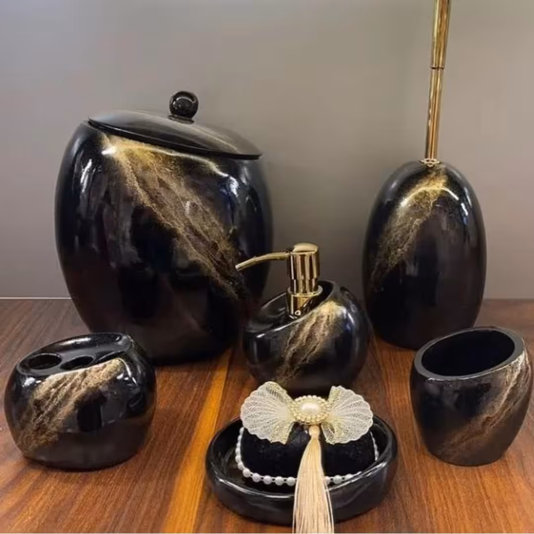ست سرویس بهداشتی ساتا برند آذین ست - رنگ مشکی طلایی طرح سنگ