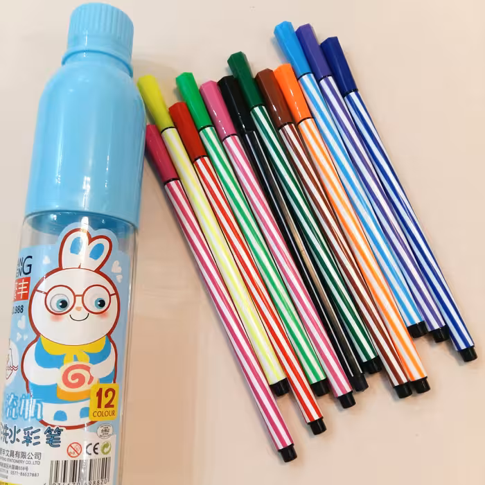 ماژیک رنگ آمیزی 12 رنگ فانتزی بطری خرگوش ماژیک نقاشی کودکان دخترانه پسرانه در بسته بندی جامدادی استوانه ای کیوت