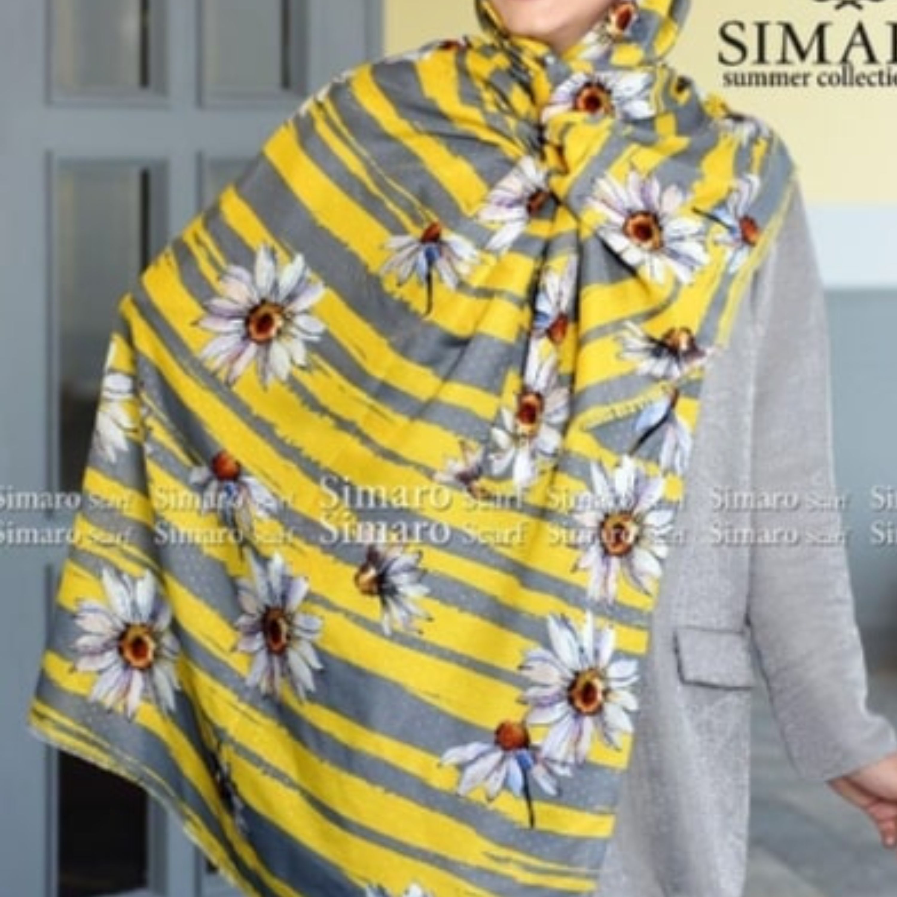 شال نخی منگوله دار طرح گل بابونه بازمینه خردلی