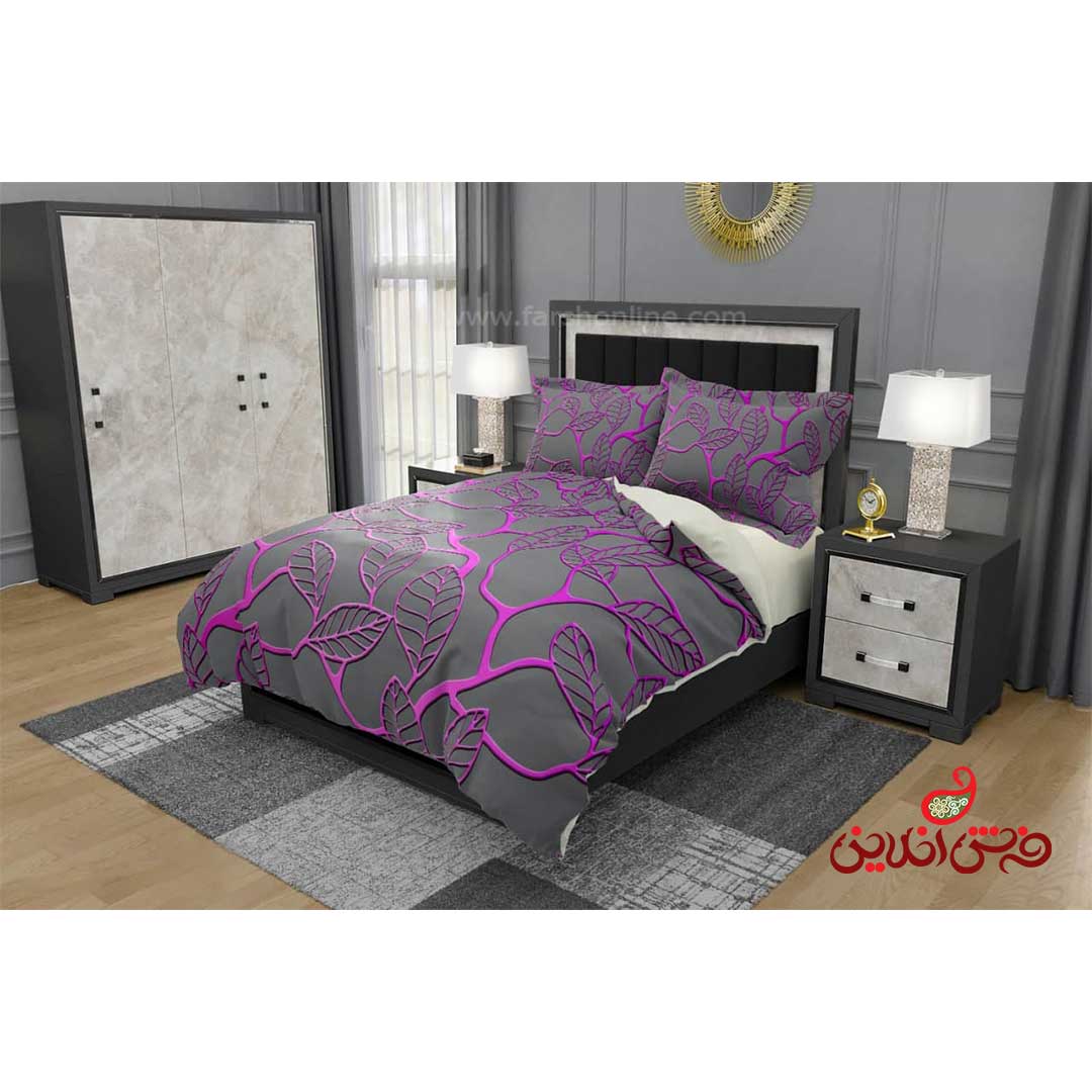 روتختی سه بعدی طرح گل بنفش پس زمینه طوسی برگ کد 3230