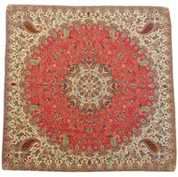 رومیزی مربع ترمه ابریشم کد TRM214 نفیس رنگ قرمز کمرنگ مات آستر زرشکی مغزی دوزی