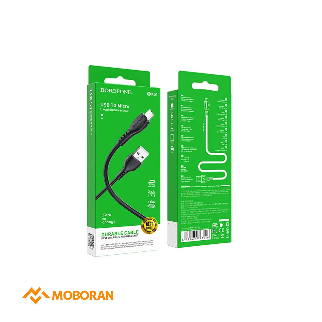 کابل برند BOROFONE تبدیل USB به MicroUSB بروفون مدل BX51 طول 1 متر (گارانتی 12ماه پژواک) | موبوران