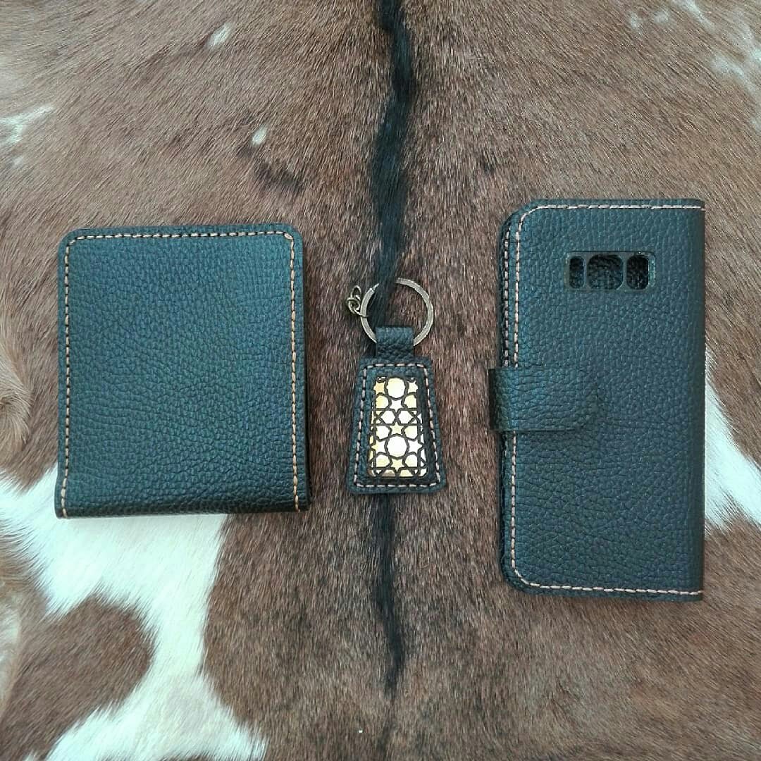 ست کیف پول وقاب موبایل وجاکلیدی چرم طبیعی گاوی دستدوز