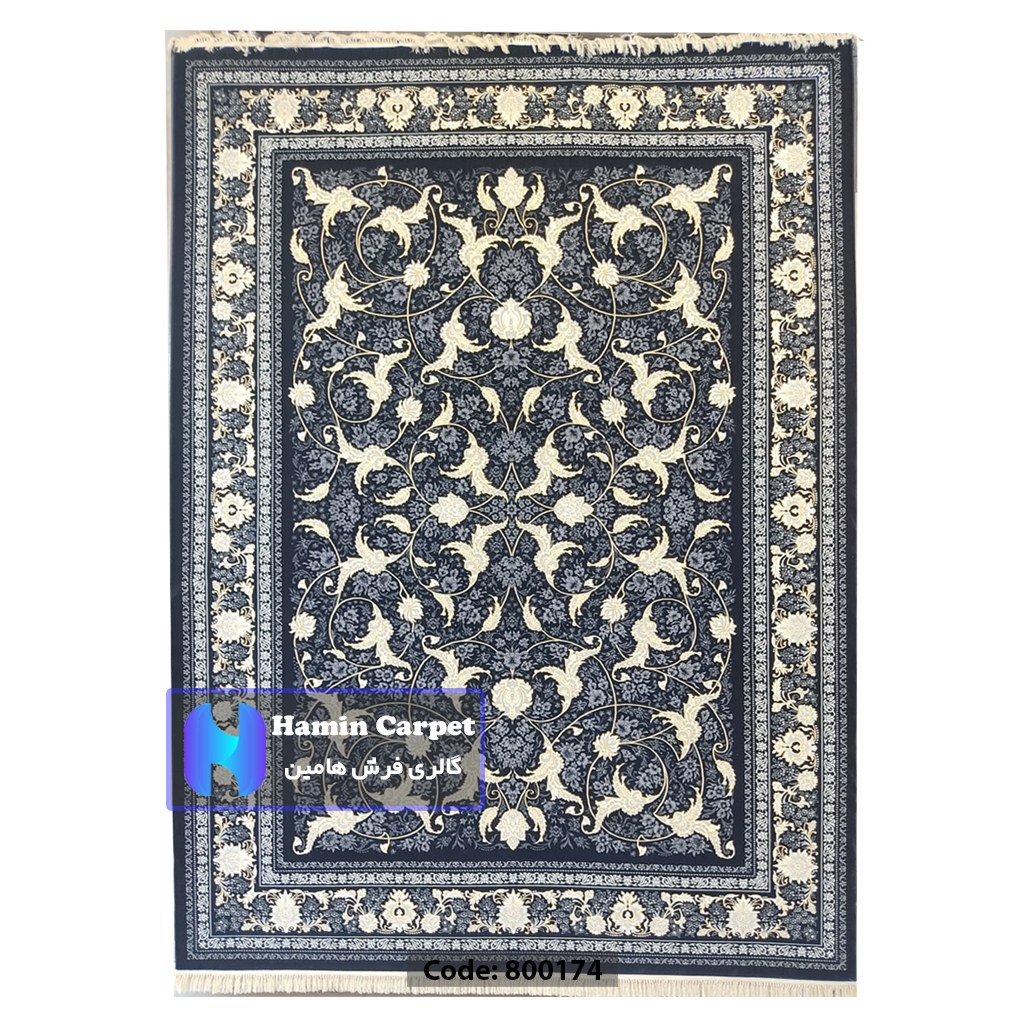 فرش 4 متری 700شانه تراکم 2550 نخ آکلریک رنگ زمینه سرمه ای طلاکوب کد AR800174