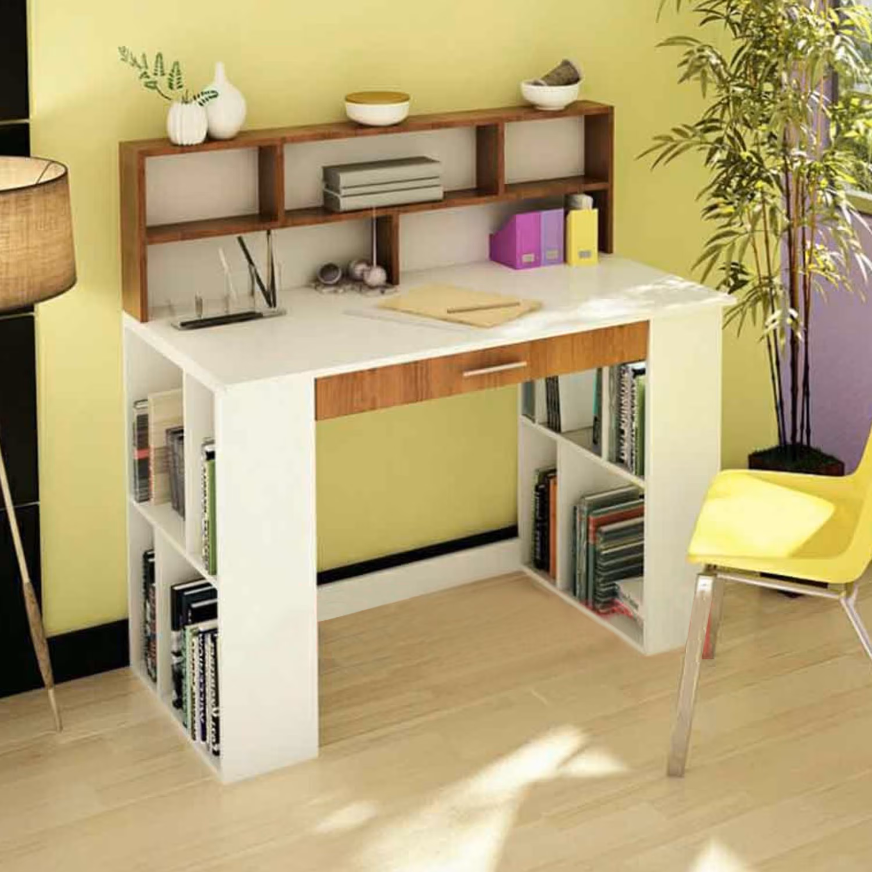 میز تحریر پُرقفسه ابرا (ثابت) - MDF - سفید قهوه ای