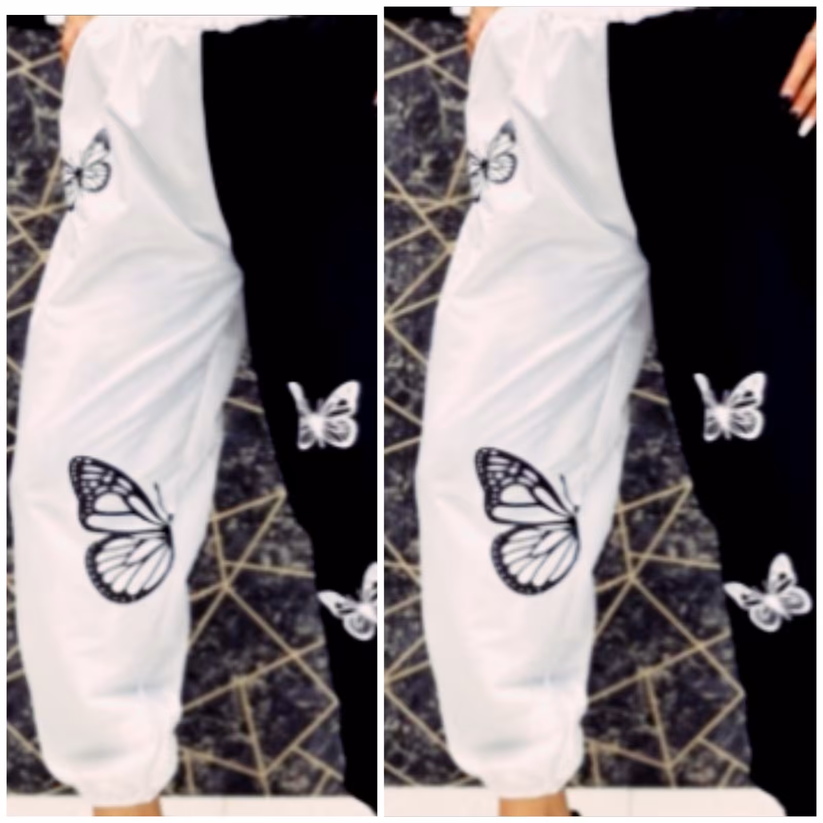 شلوار دورنگ سفید سیاه پروانه داکرون سایز 36الی42 پایین کش 