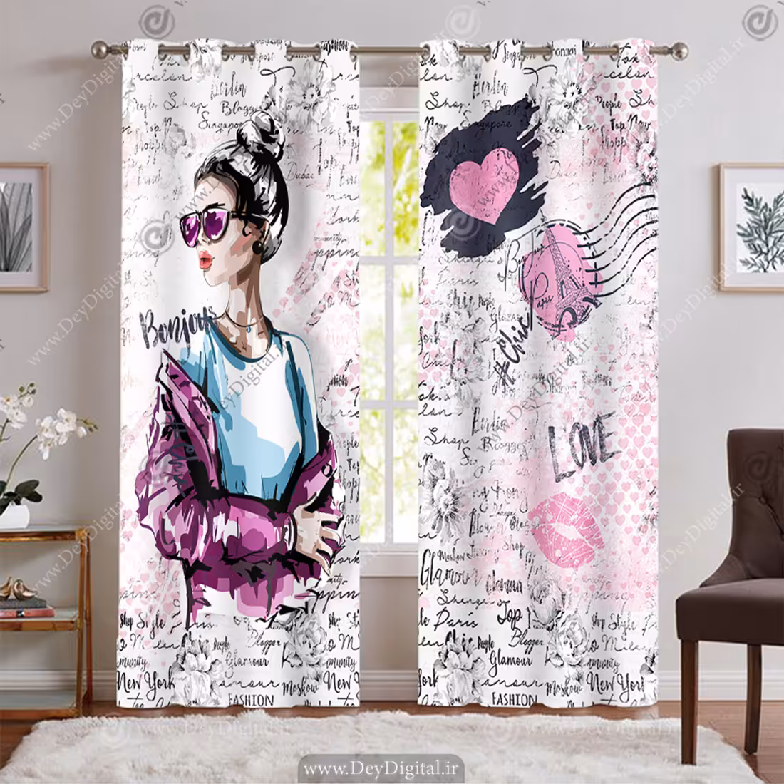 پرده اتاق نوجوان دخترانه طرح سه بعدی دخترک و بادکنک BA-9257