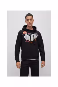سویشرت مشکی مردانه سیاه پارچه حوله پنبه ای چاپی با جیب دار متناسب تناسب عرق 50491828 001 HUGO
