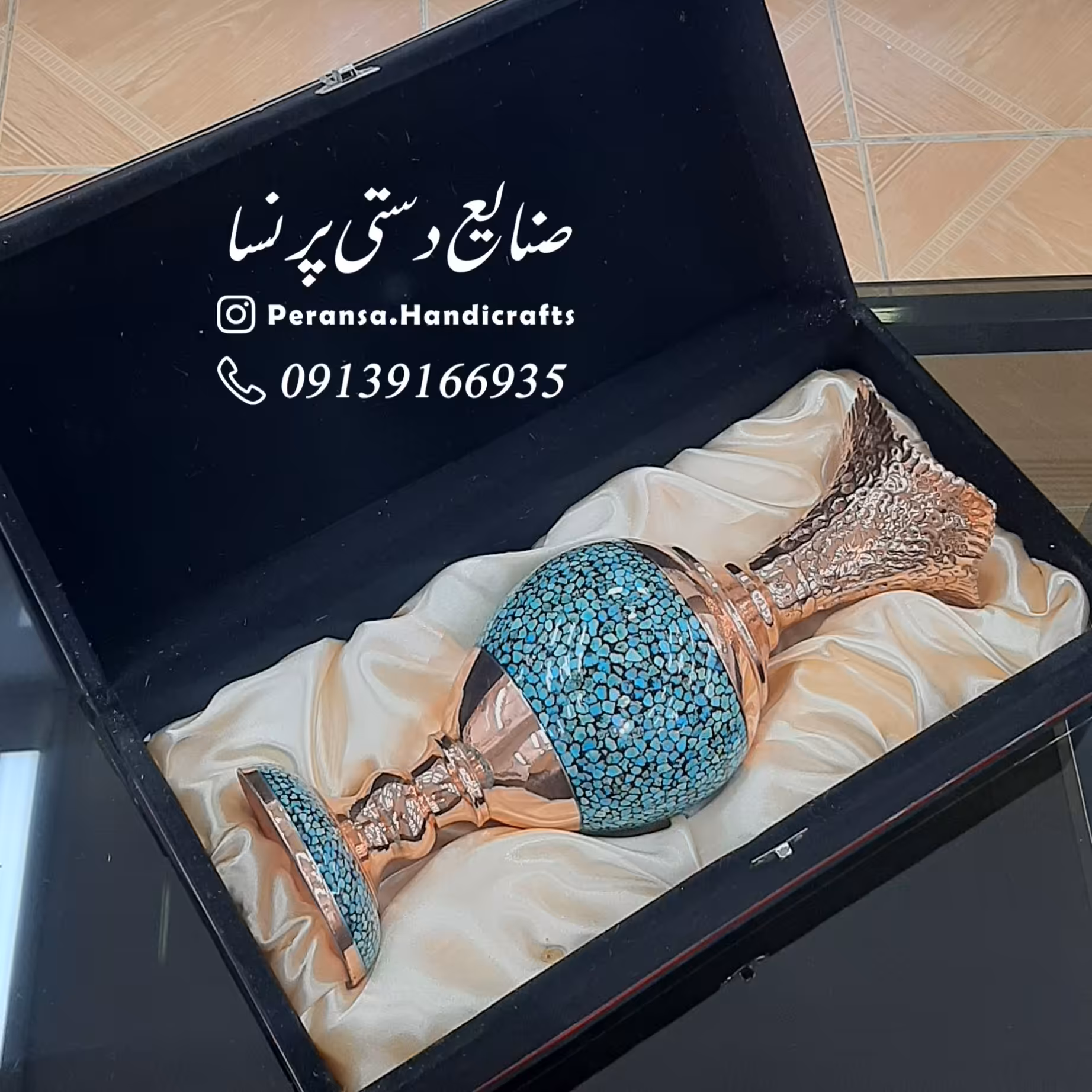 سنبلدان فیروزه کوبی و قلم زنی شده ارتفاع 31 سانتیمتر برند پرنسا