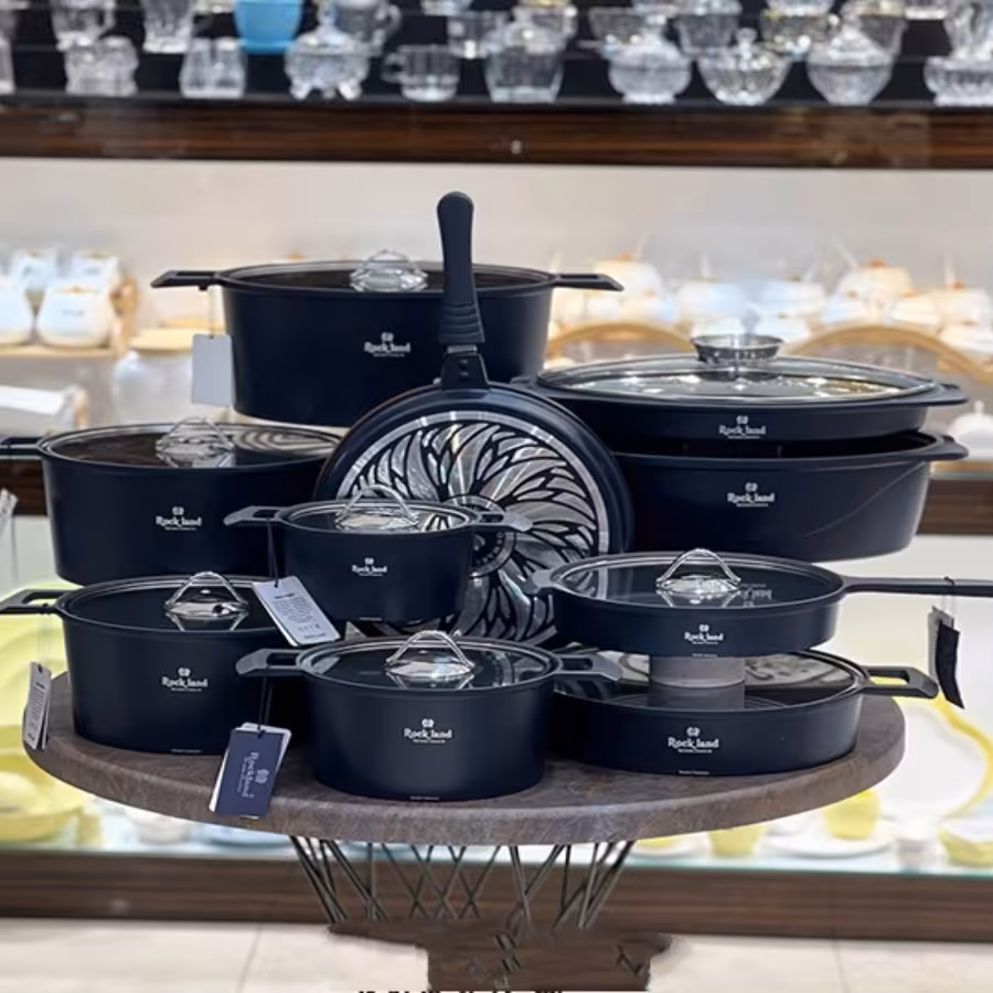 سرویس قابلمه راکلند سری آلمانی درجه یک 19پارچه با تابه مرغ و ماهی(سرمه ای) پس کرایه