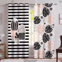 پرده پانچی طرح گل کاکتوس زمینه مشکی سفید SM-15301