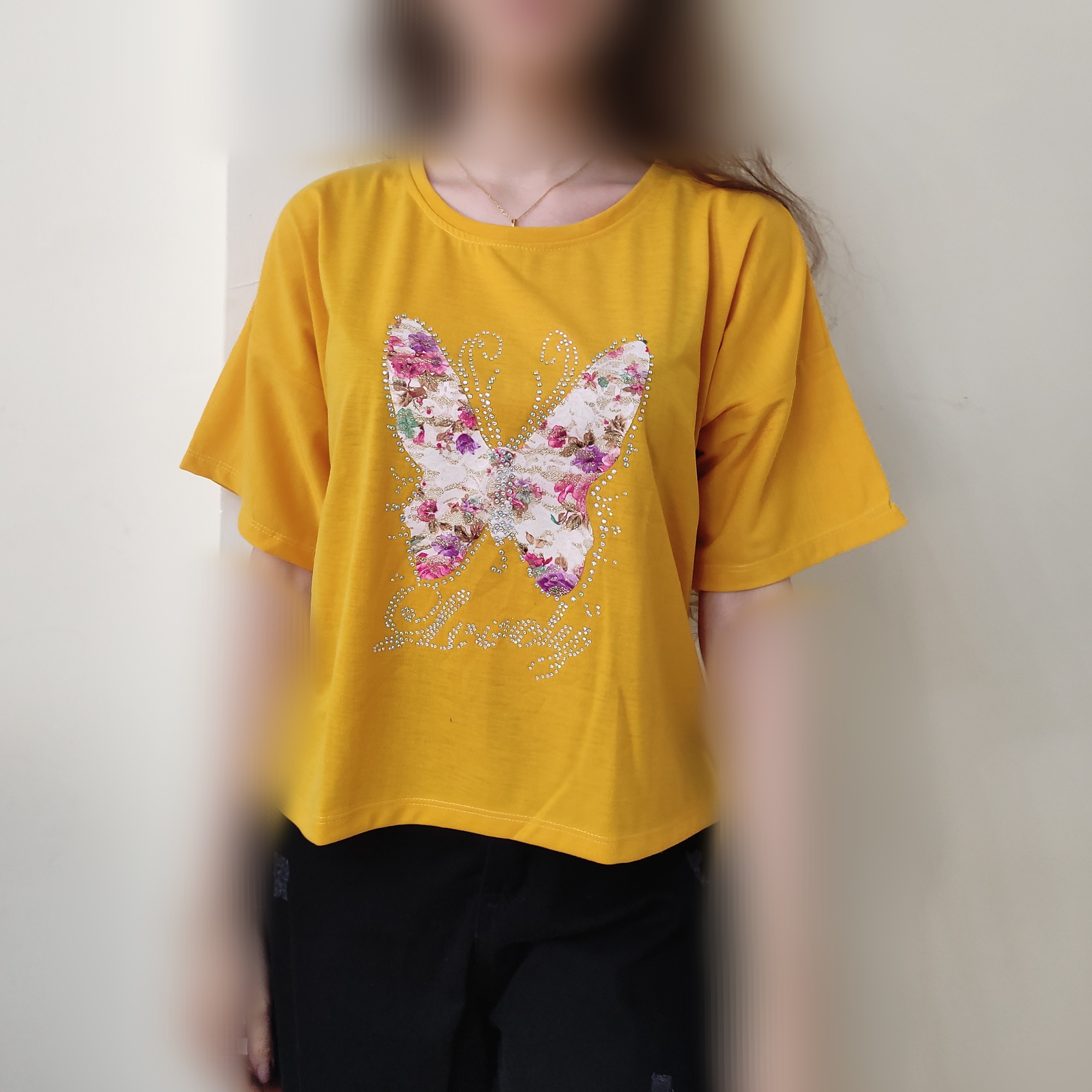 تیشرت کراپ زنانه دخترانه طرح پروانه
