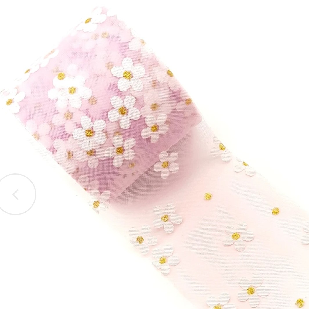 تور گل بابونه صورتی پاستیلی (یک متر) تور 6 سانتی متری اکسسوری دخترانه زنانه تور صورتی 6 سانت گل بابونه سفید