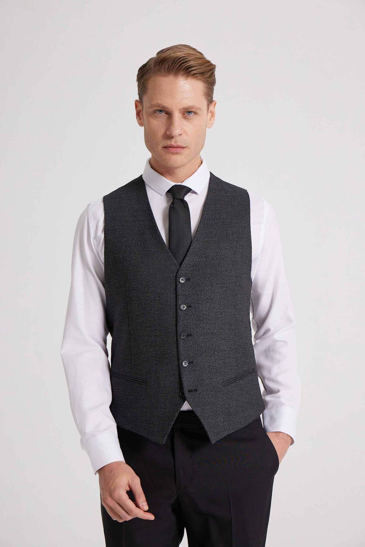 جلیقه خاکستری مردانه کلاسیک V اورجینال D'S Damat