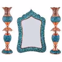ست سه تکه لاله و آینه 36 سانتی مس و فیروزه کوبی نیشابور قلم زنی شده و لب شبکه ای دکوری و هفت سین اینه و شمعدان سایروس 