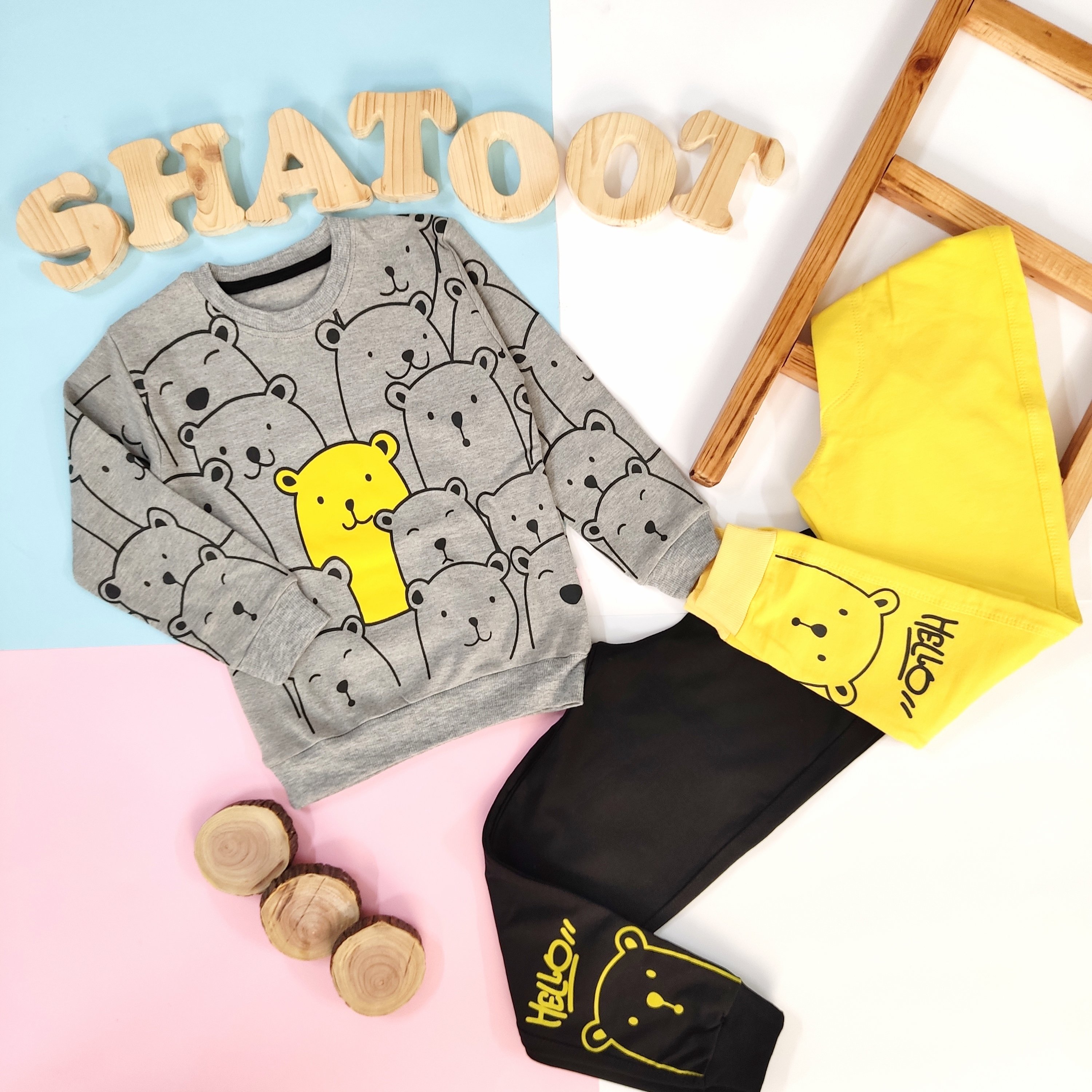 بلوز‌وشلوارآستین بلند پسرانه طرح خرس های زرد(سایز45_50)