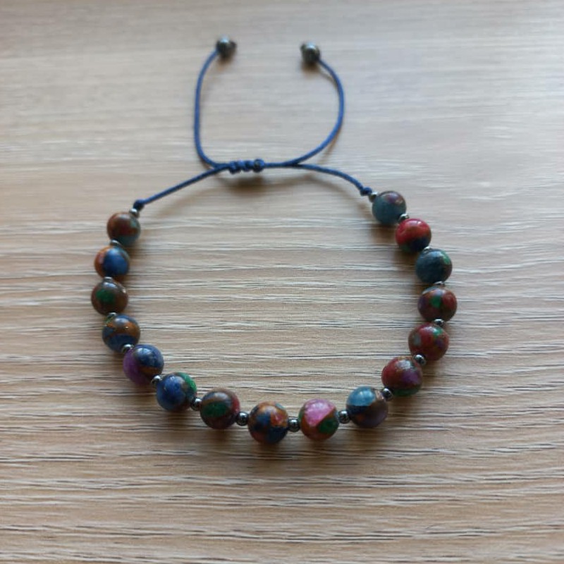 دستبند  سنگ جاسپر هفت رنگ با میانکار سنگ حدید