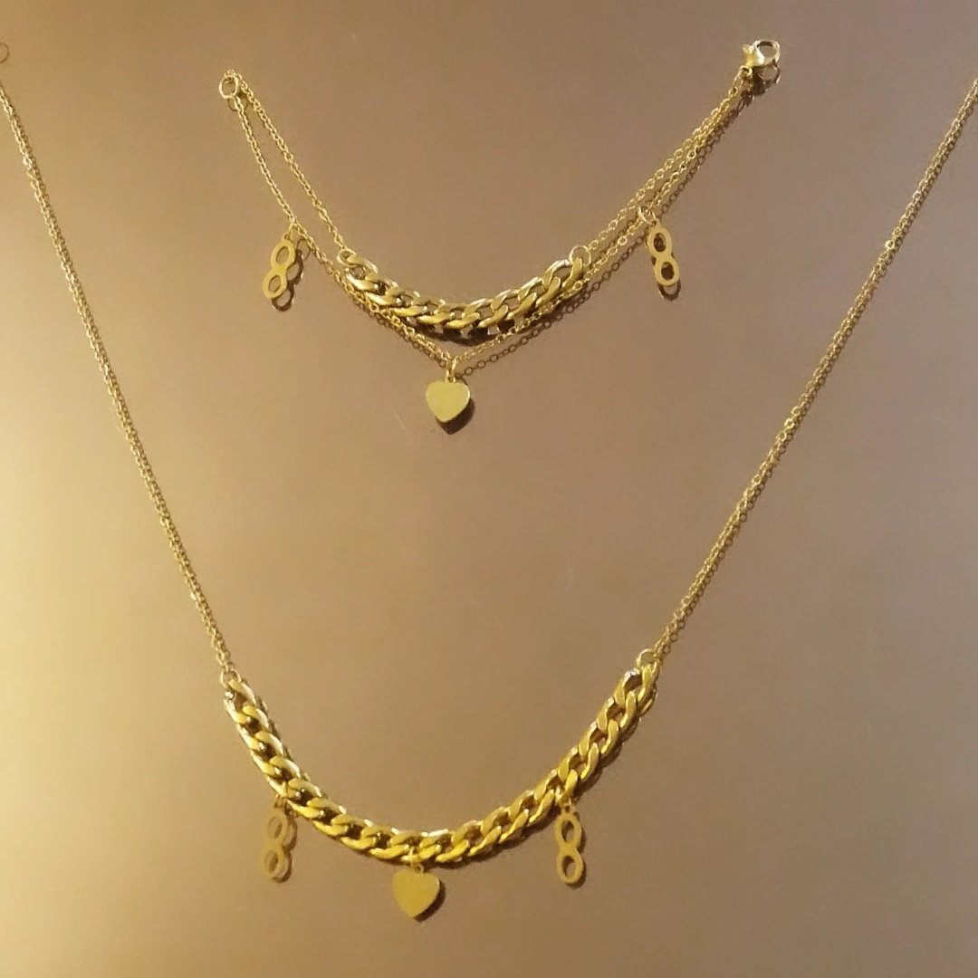 ست گردنبند و دستبند کارتیر استیل رنگ ثابت با پلاک قلب و بی نهایت