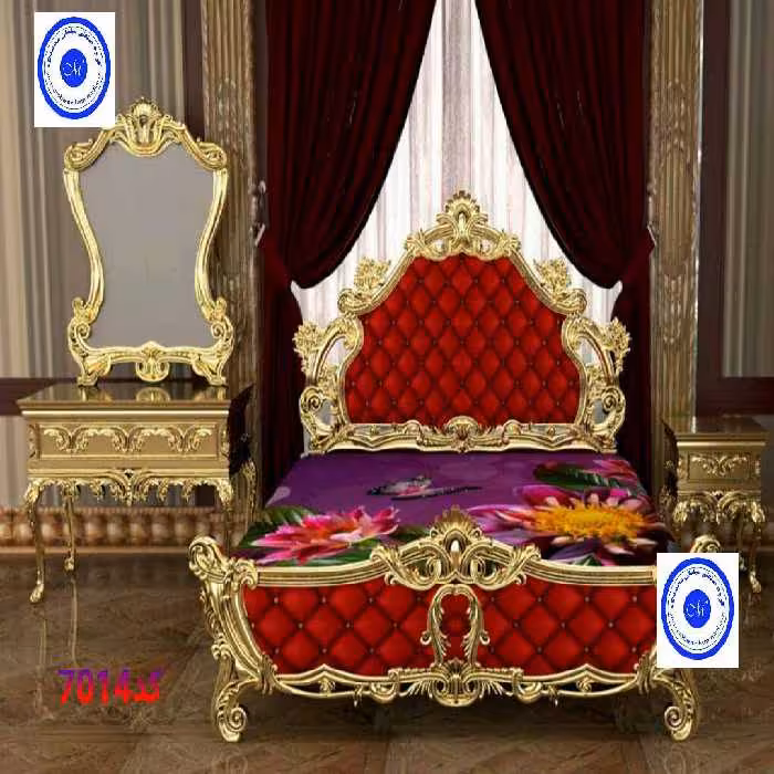 سرویس خواب دونفره کد 7014 چوب راش شامل تخت – دراور – قاب اینه – پاتختی