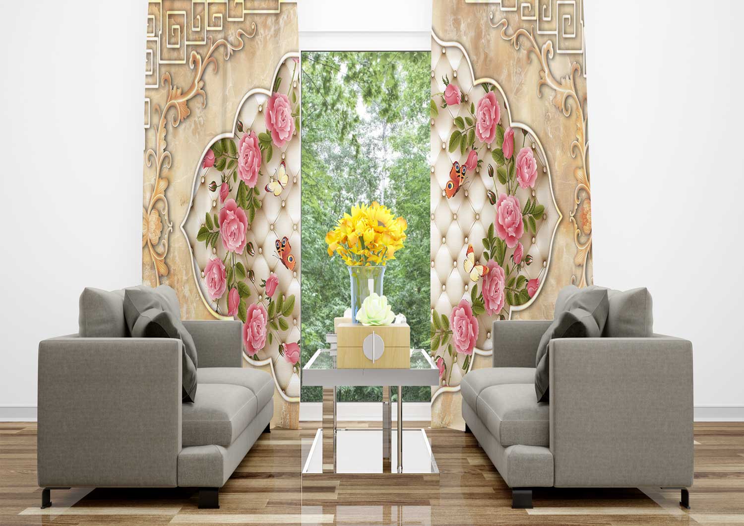 پرده تصویری کلاسیک گل صورتی