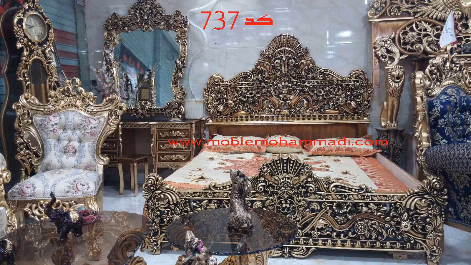 سرویس خواب دونفره کد 737 چوب راش شامل تخت – دراور – قاب اینه – پاتختی