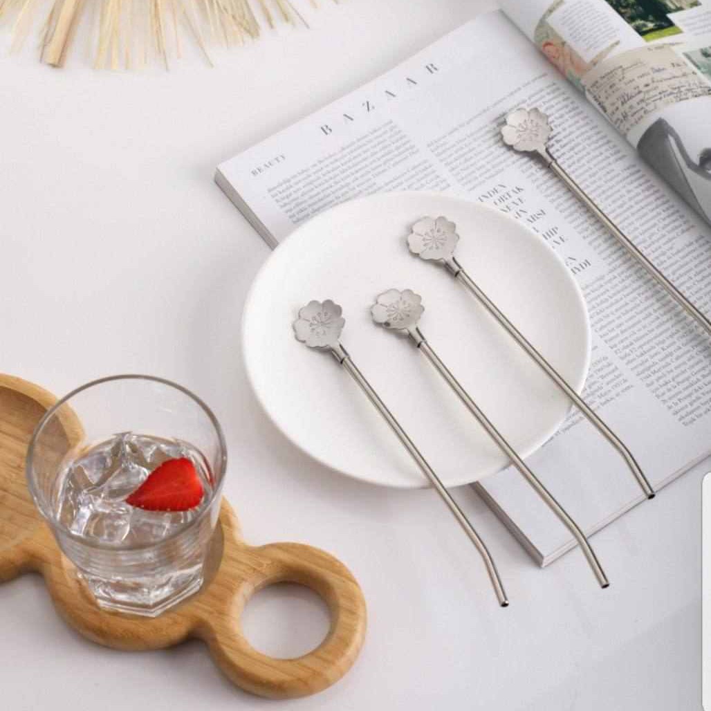 نی شربت استیل طرح گل بسته 6عددی