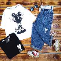 ست تیشرت و شلوار مام اسپورت طرح میکی جنس تیشرت پنبه جنس شلوار جین 400 گرم مناسب حدود سنی 4 تا 13 سال شیک و مجلسی 