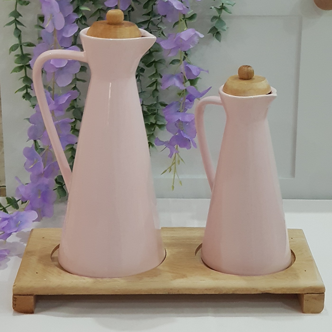 ظرف روغن دوتایی با استند چوبی