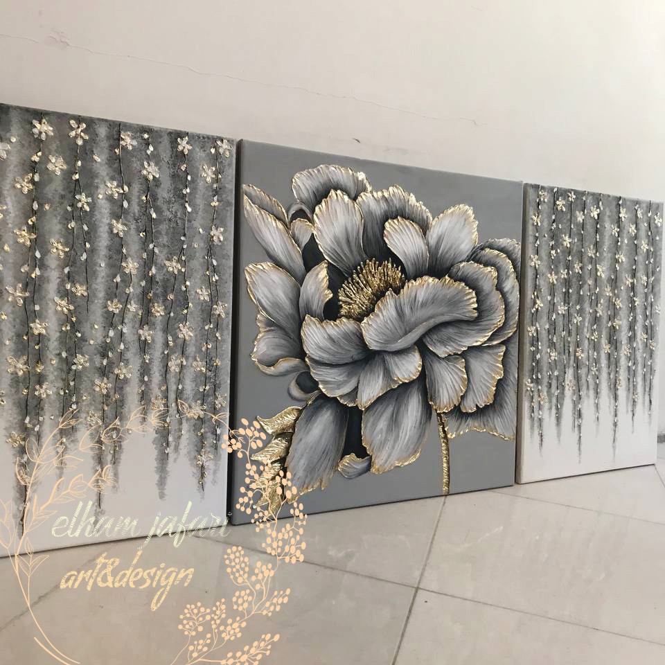 تابلو نقاشی دکوراتیو گل و ریسه برجسته ورق طلا