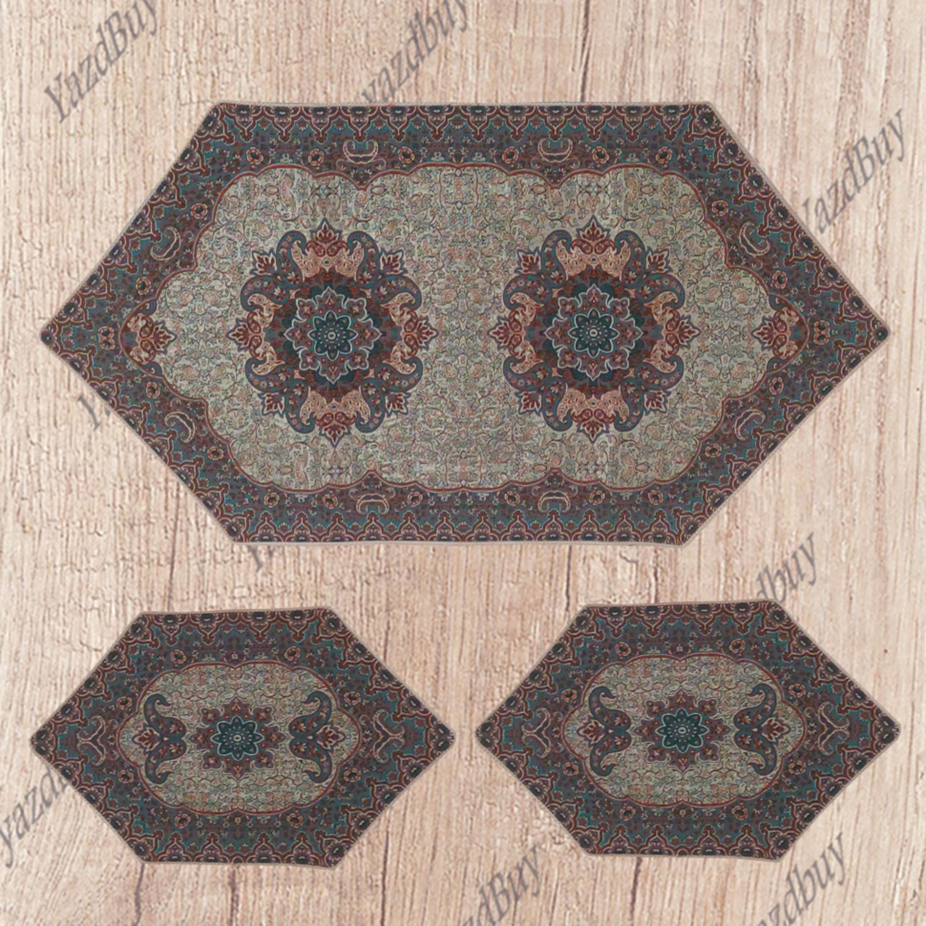 رومیزی ترمه ست 3 تکه طرح نسترن رنگ کرم سبز 