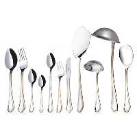 سرویس قاشق و چنگال 18 نفره ناب استیل طرح ونیز دور طلایی (86 پارچه) بعلاوه کنسول چوبی