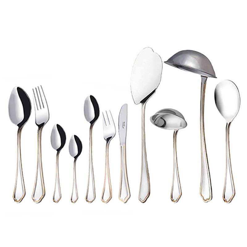 سرویس قاشق و چنگال 18 نفره ناب استیل طرح ونیز دور طلایی (86 پارچه) بعلاوه کنسول چوبی