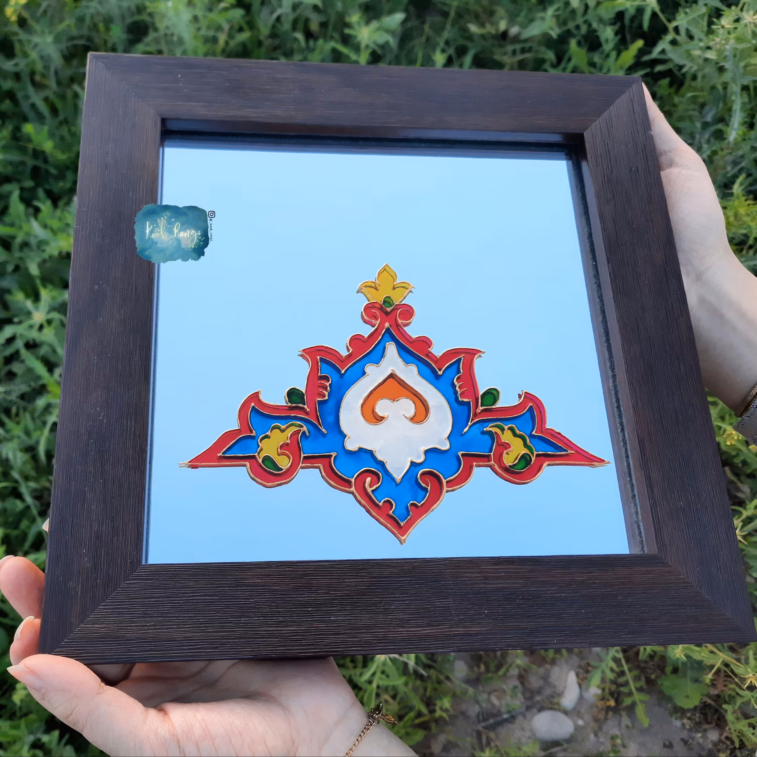 آینه کار شده با تکنیک ویترای با قاب باکس رو میزی طرح چوب