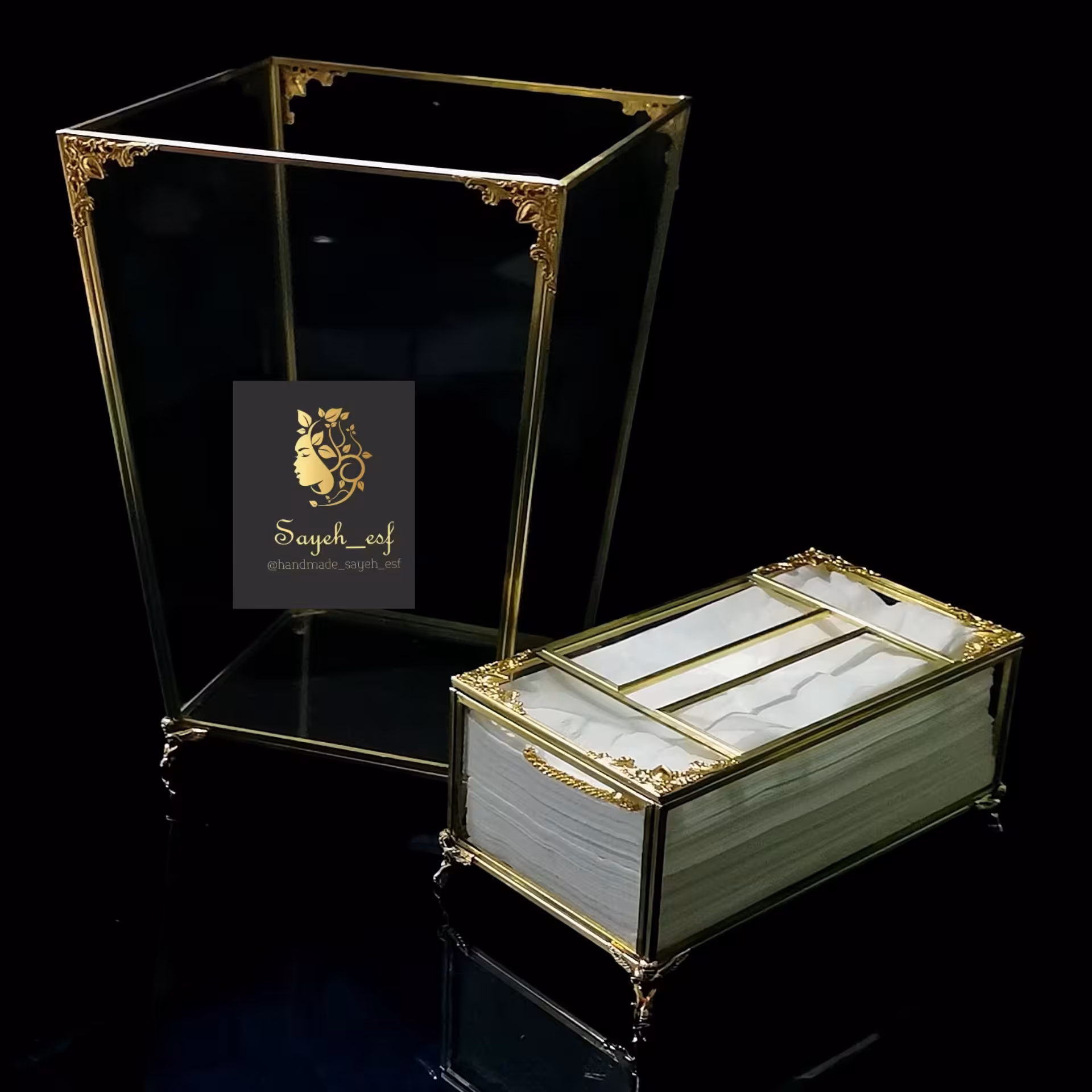 ست سطل زباله و جا دستمال کاغذی برنجی