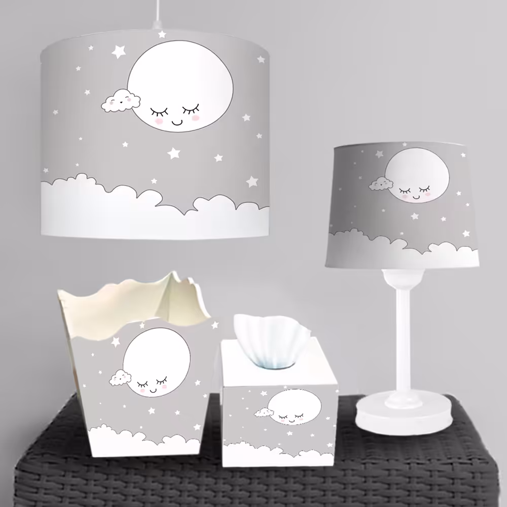 ست چراغ خواب و ساعت اتاق نوزاد طرح ساده ماه و ستاره با زمینه طوسی روشن BA-5402