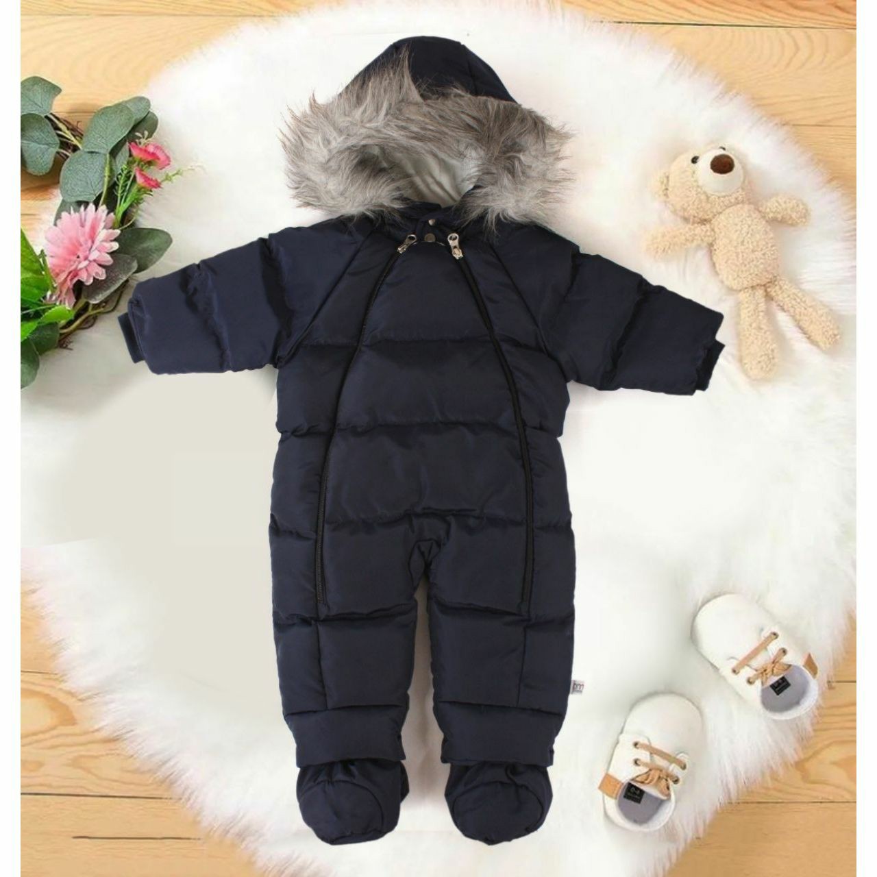 کاپشن سرهمی کلاه دار نوزاد تا 2 سال داخل خز سرمه ای

