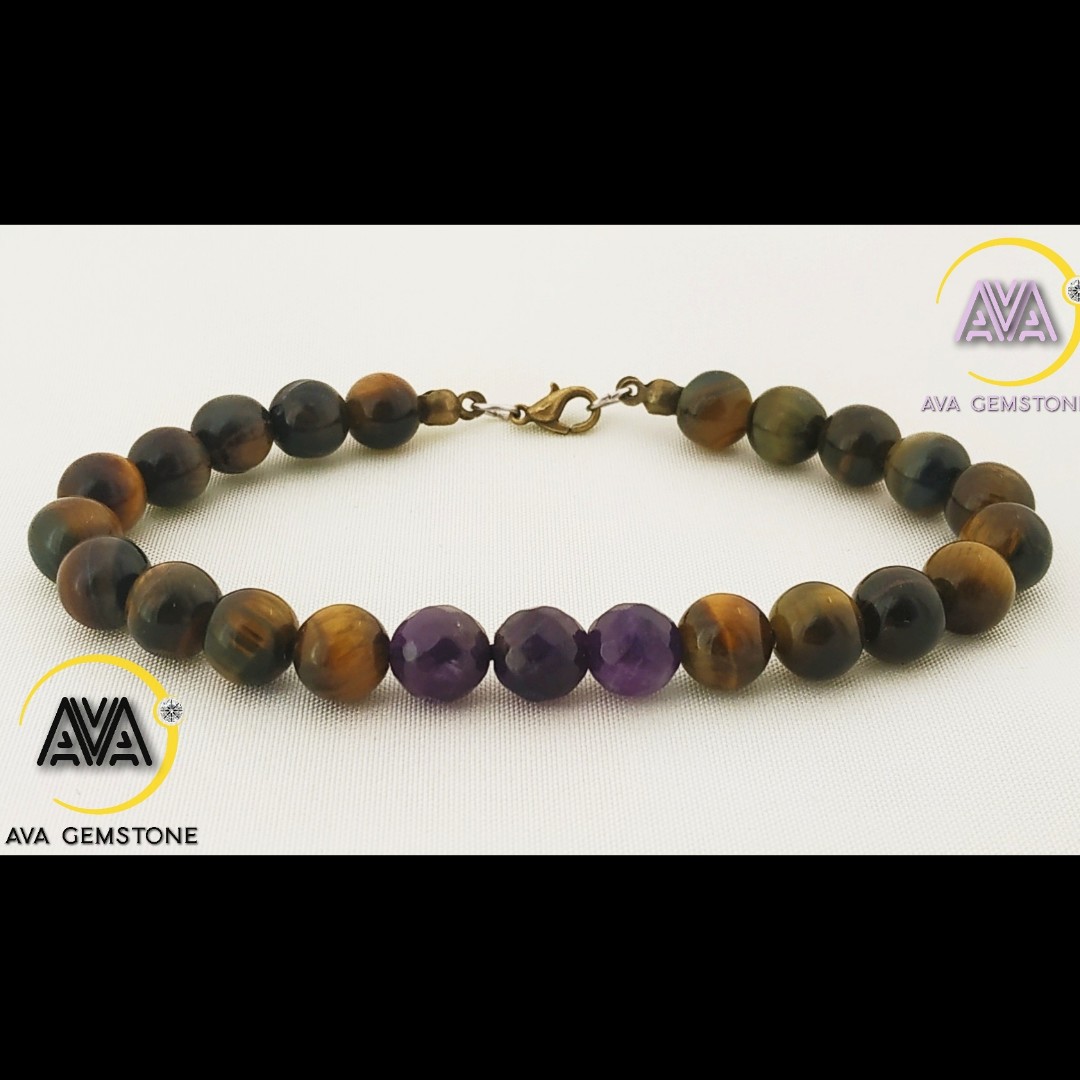 دستبند سنگ چشم ببر و آماتیست تراش استار با قفل و بست استیل ضد حساسیت 